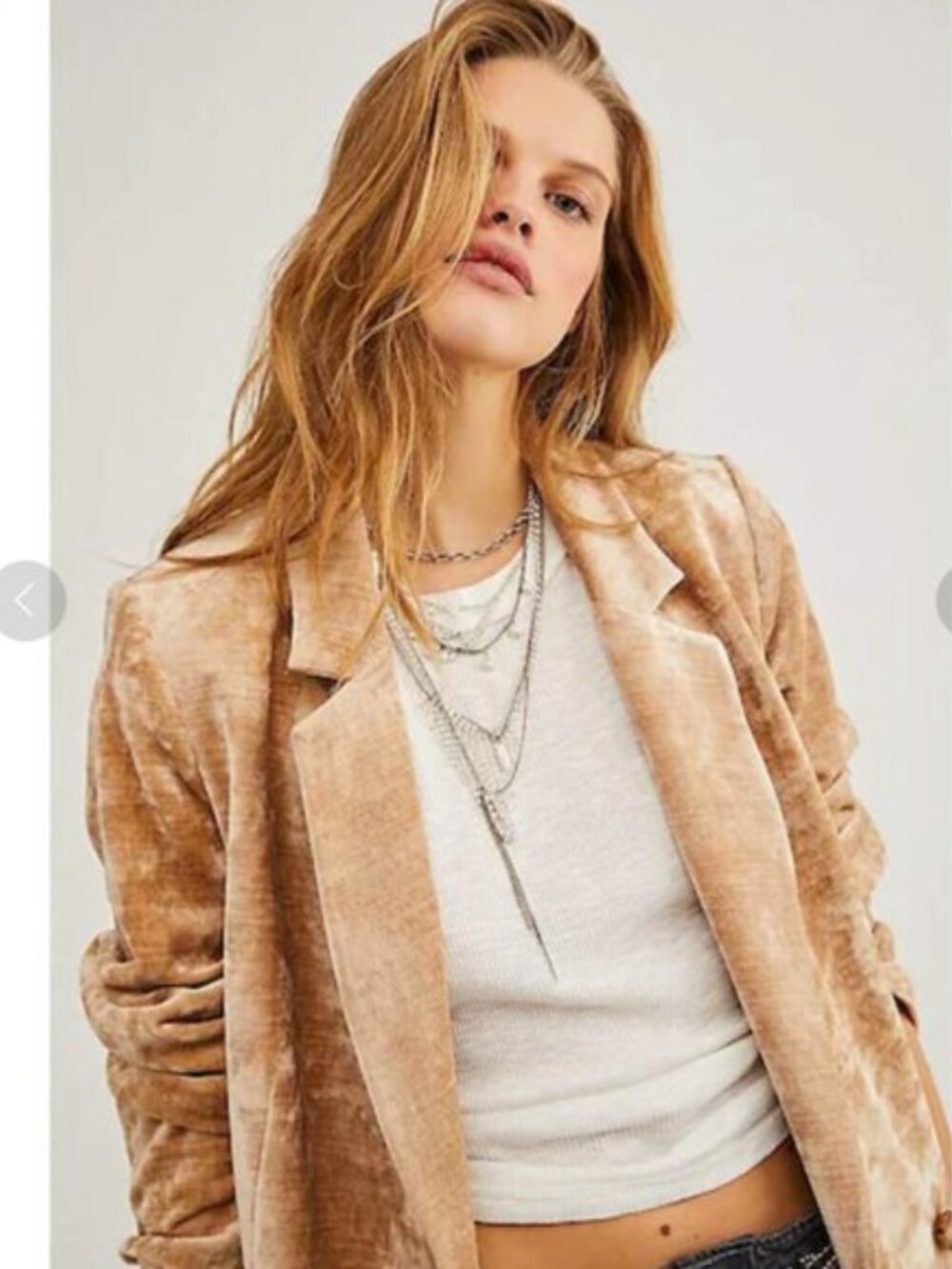 Free People Uptown Girl Velvet Blazer XS Naturalle Champagne Taupe Oversized